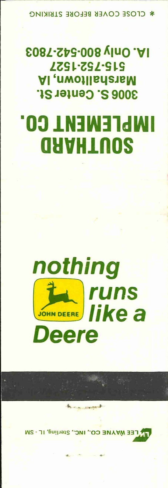 John Deere Matchbook Cover 2 Leg Southard Implement Marshalltown IA