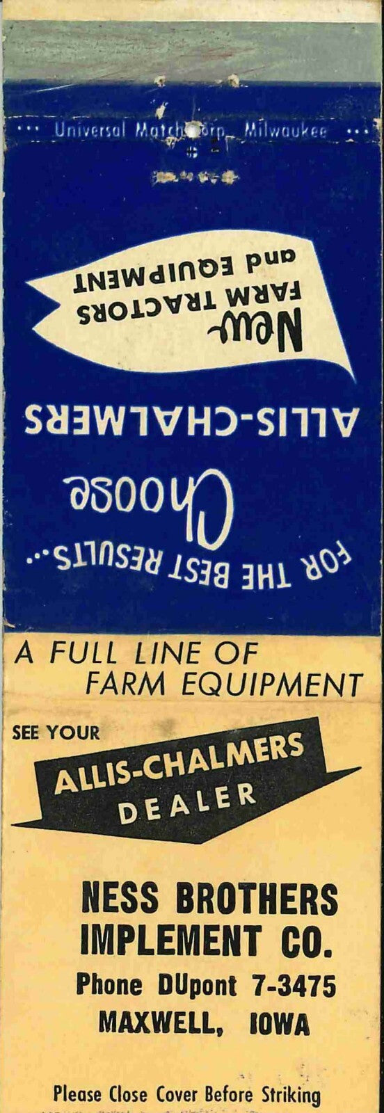 Matchbook Cover Allis Chalmers Ness Brothers Implement Co Maxwell Iowa