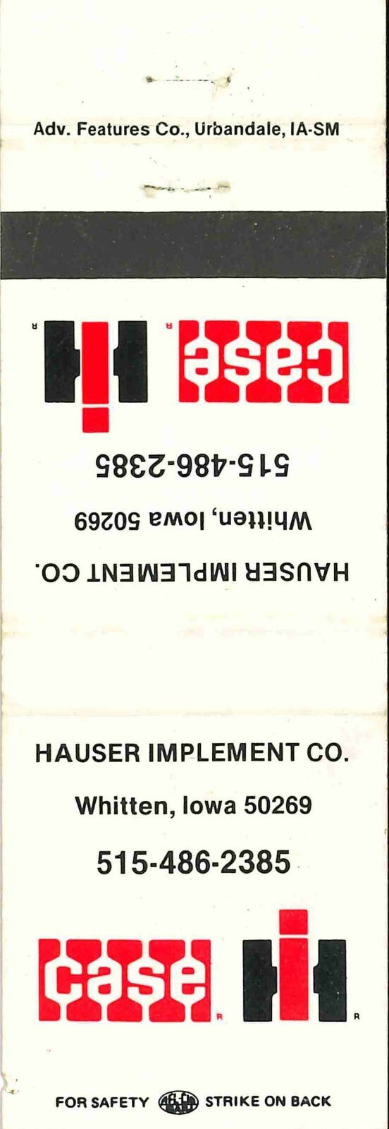 Matchbook Cover Case IH Hauser Imp Co Whitten Iowa