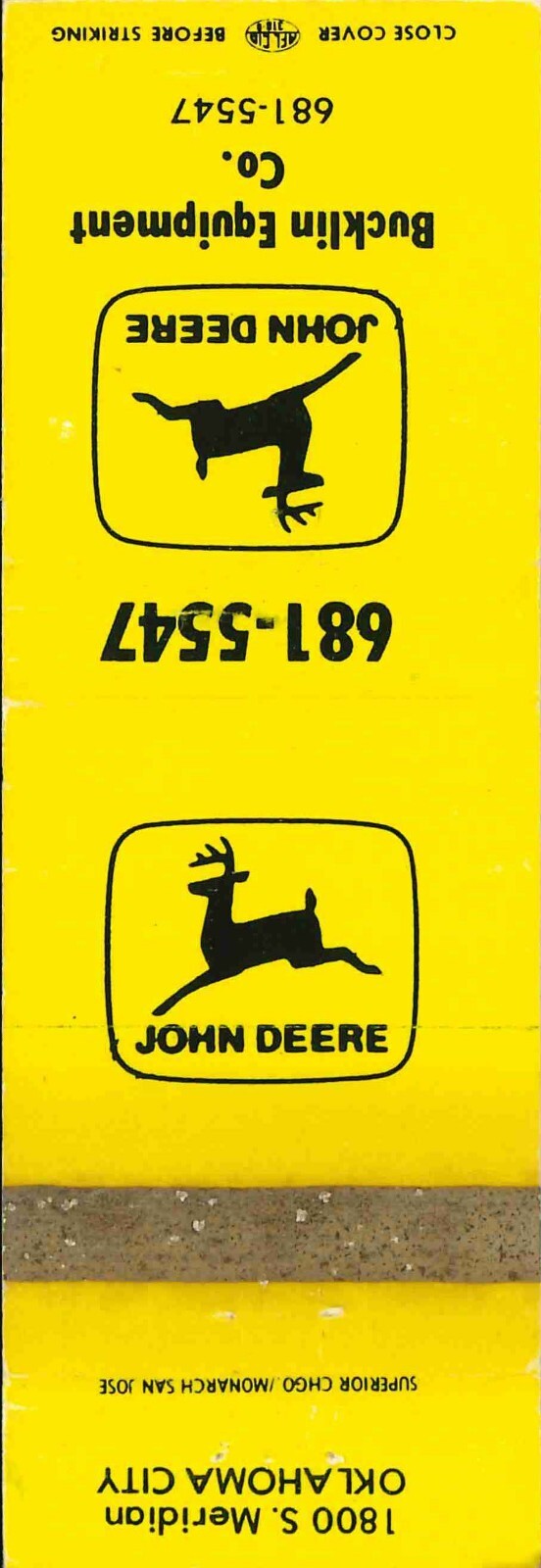 John Deere Matchbook Cover Bucklin Equip Co Oklahoma City