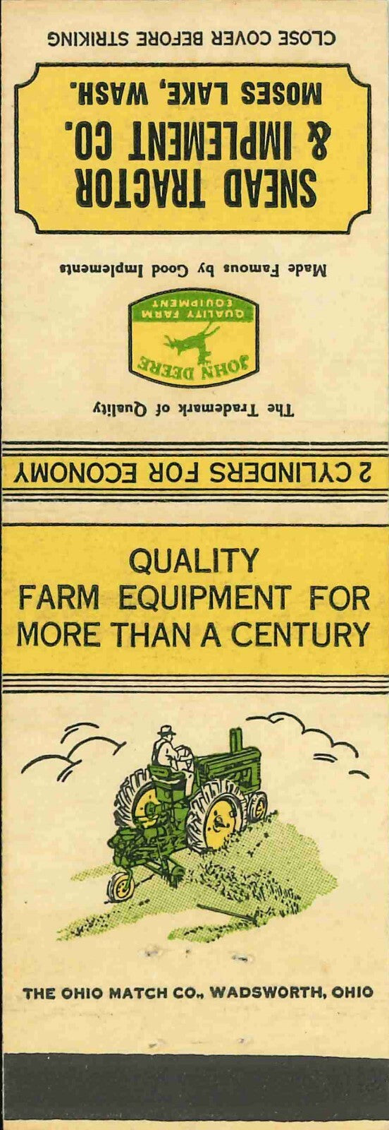 John Deere Matchbook Cover A w/ Mower Snead Tractor Moses Lake WA