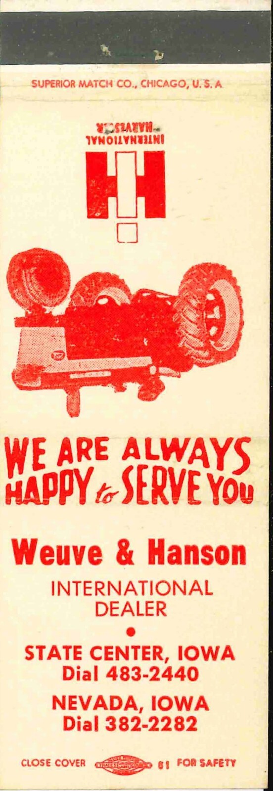 Matchbook Cover International Harvester 460 Weuve Hanson Nevada State Center IA