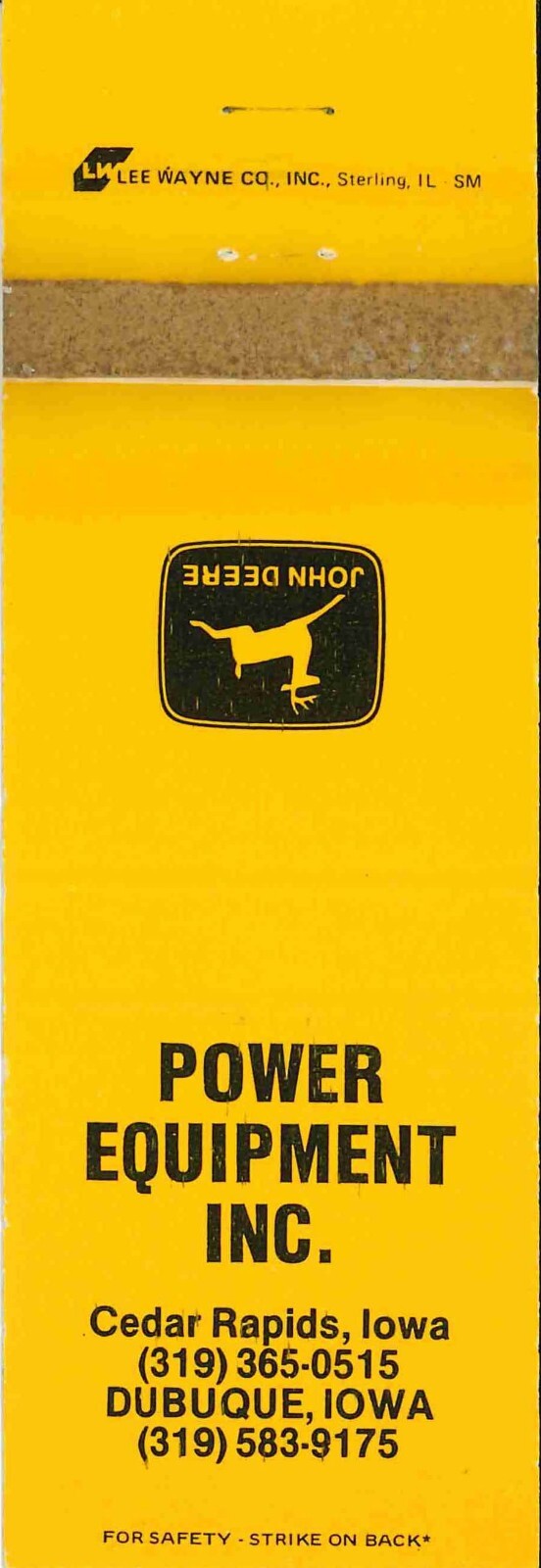 John Deere Matchbook Cover Power Equipment Cedar Rapids IA