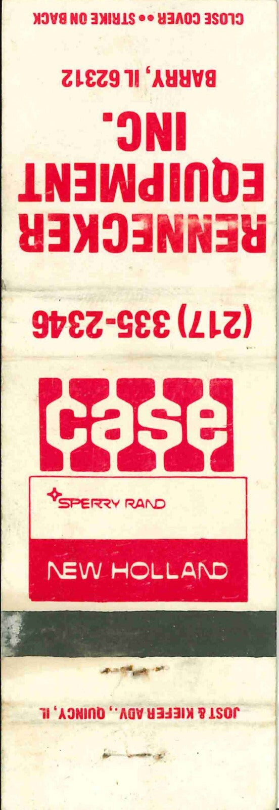 Matchbook Cover J I Case New Holland Rennecker Equip Barry Illinois 