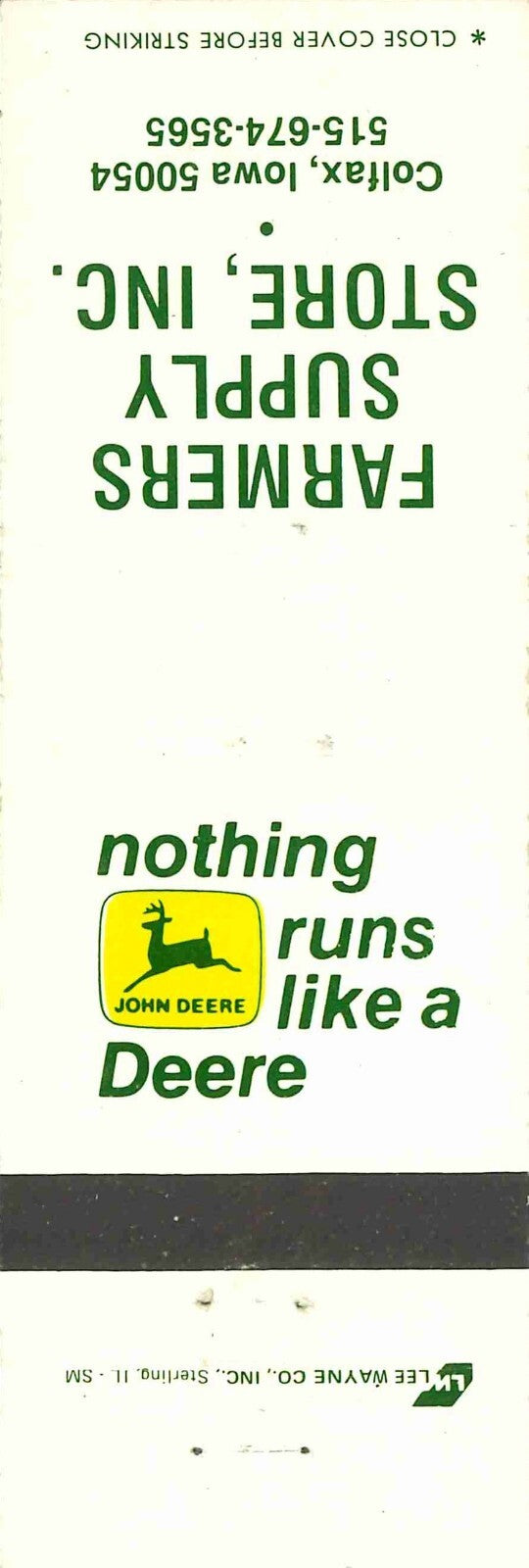 John Deere Matchbook Cover 2 Leg Farmers Supply Store Caolfax IA