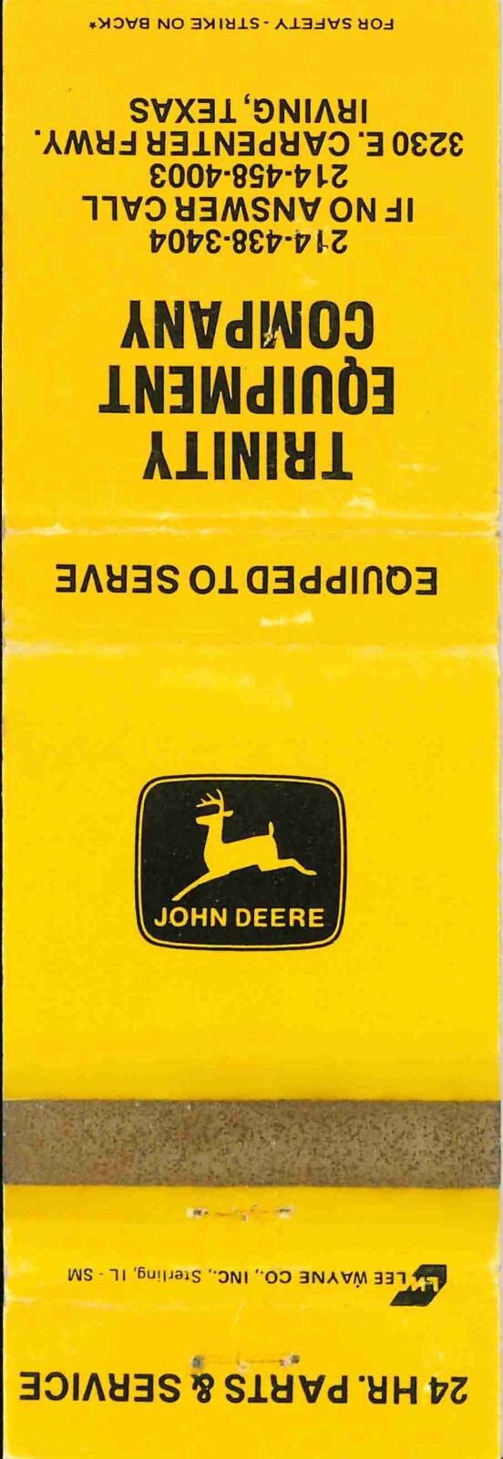 John Deere Matchbook Cover Trinity Equip Co Irving TX