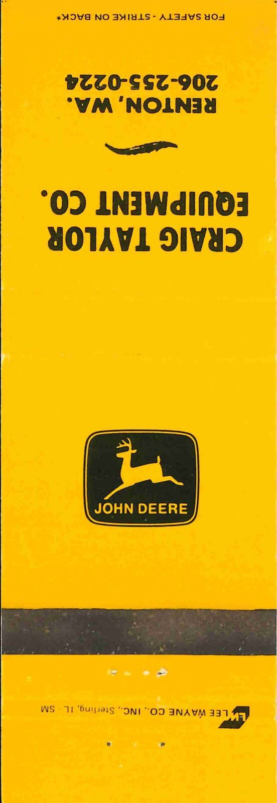 John Deere Matchbook Cover Craig Taylor Equip Co Renton WA
