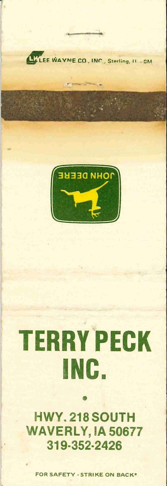 John Deere Matchbook Cover 2 Leg Terry Peck Wverly IA
