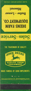 John Deere Matchbook Cover QFE Deems Farm Equipment Butler Lamar Missouri