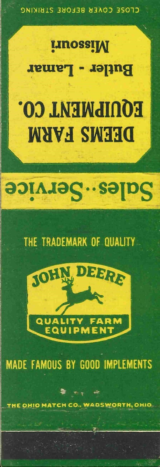 John Deere Matchbook Cover QFE Deems Farm Equipment Butler Lamar Missouri