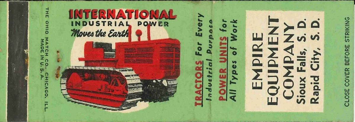 Matchbook Cover International Crawler Empire Equip Sioux Falls Rapid City S D