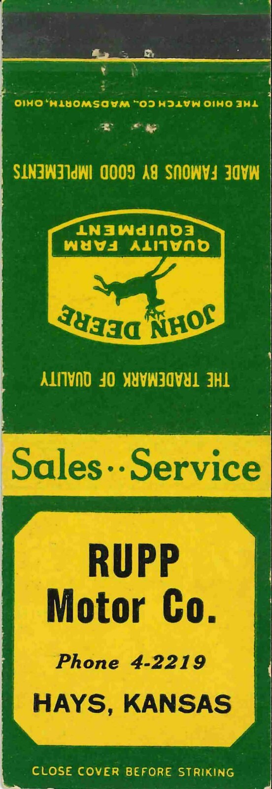 John Deere Matchbook Cover Rupp Motor Co Hays Kansas