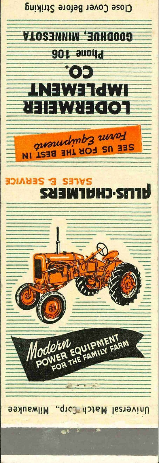 Matchbook Cover Allis Chalmers Lodermeier Imp Co Goodhue Minnesota