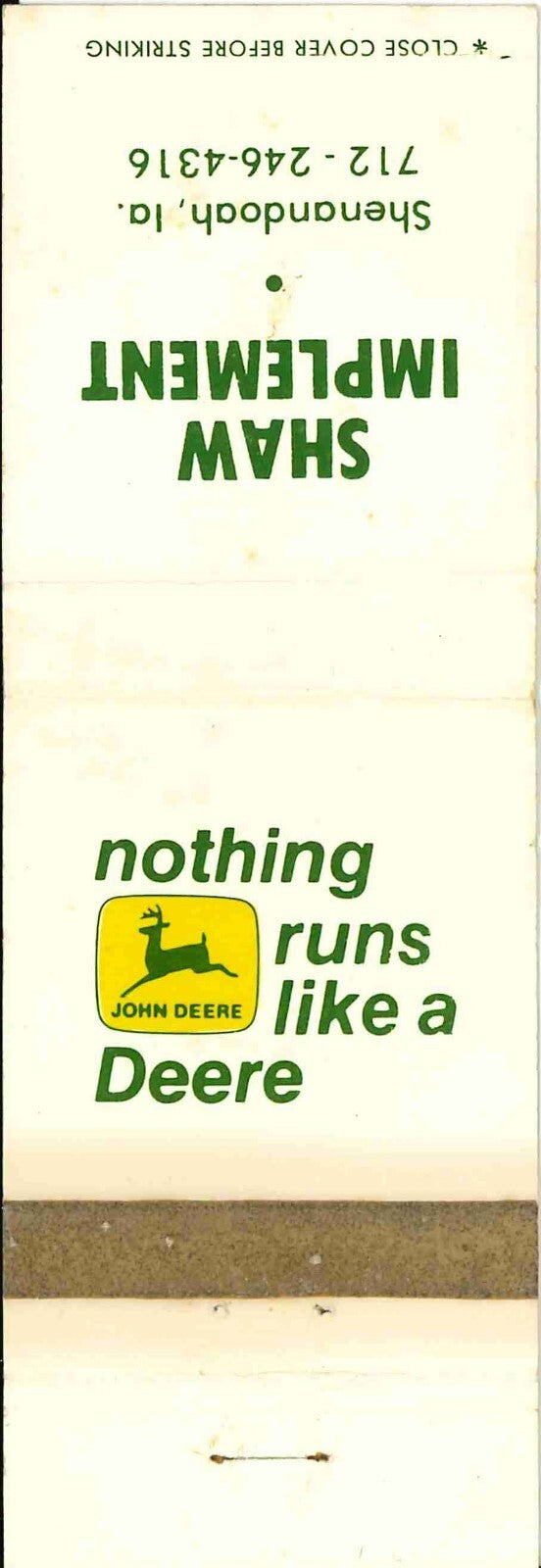 John Deere Matchbook Cover 2 Leg Shaw Imp Shenandoah IA