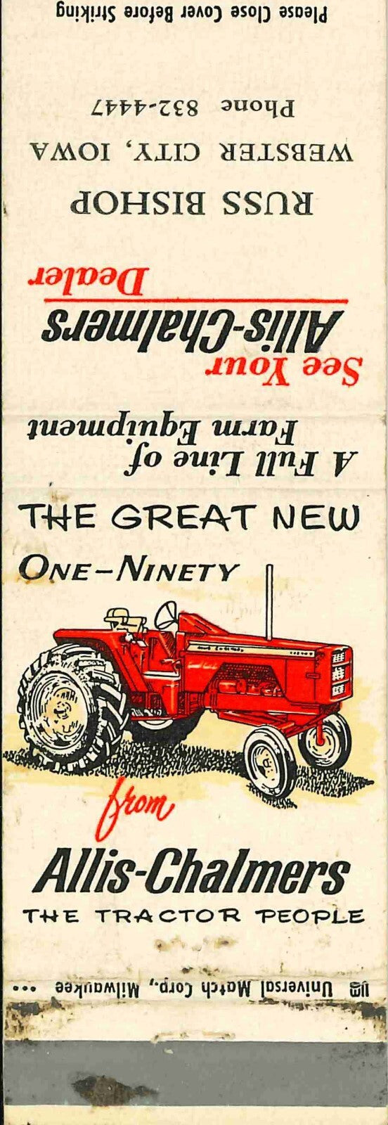 Matchbook Cover Allis Chalmers 190 Russ Bishop Webster City Iowa