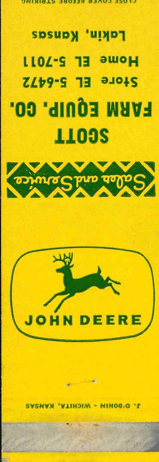 John Deere Matchbook Cover Scott Farm Equip Lakin KS