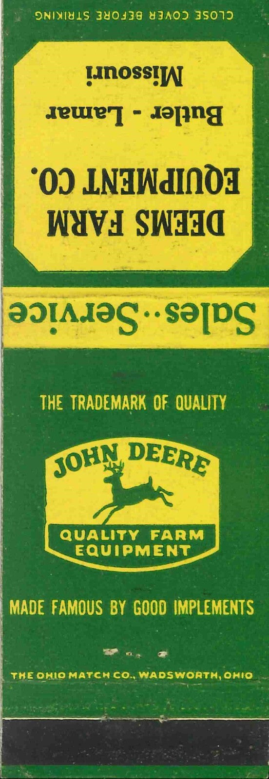 John Deere Matchbook Cover QFE Deems Farm Equipment Butler Lamar Missouri