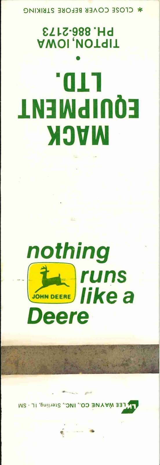 John Deere Matchbook Cover 2 Leg Mack Equipment Tipton IA