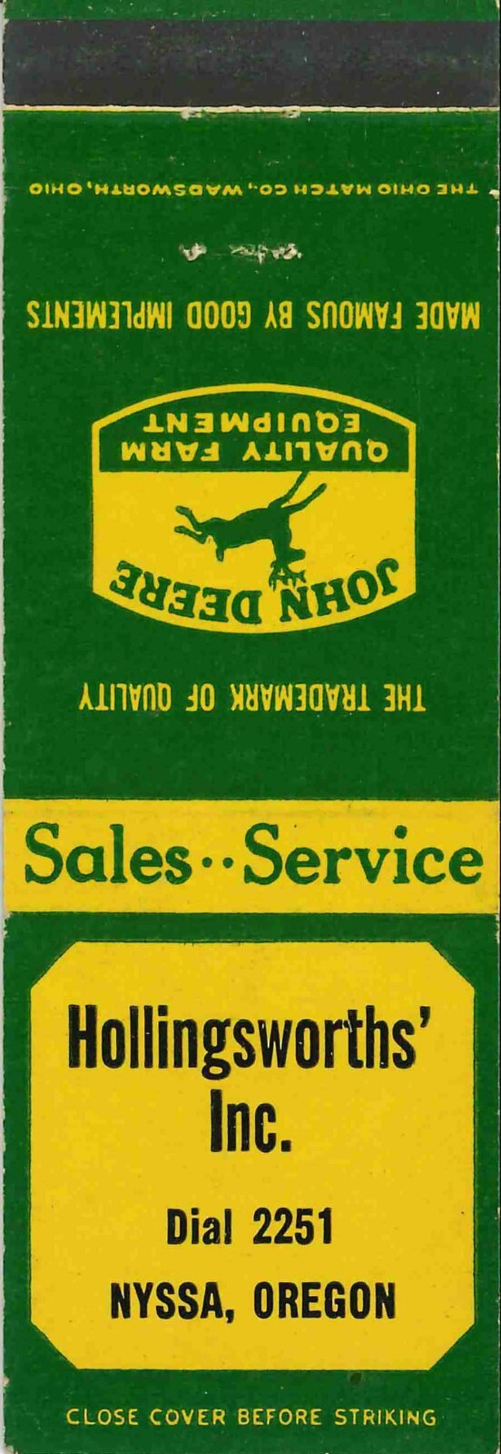 John Deere Matchbook Cover Hollingsworth Nyssa Oregon