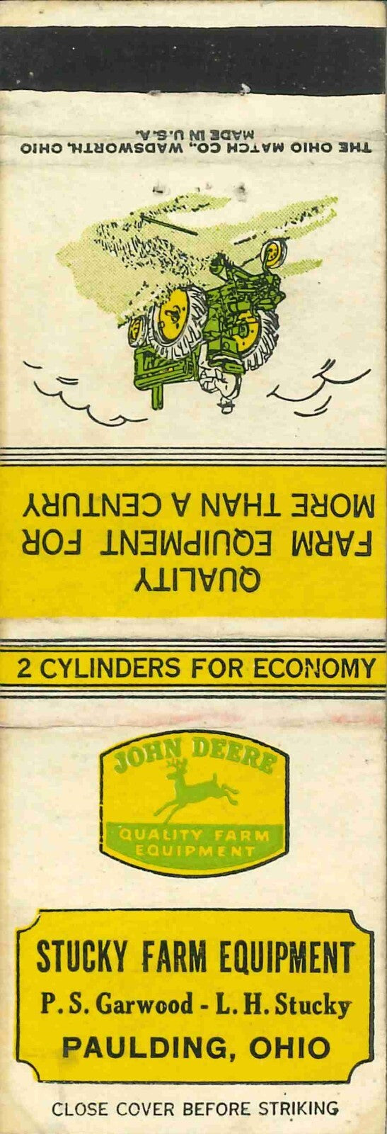 John Deere Matchbook Cover A w/ Mower Stucky Farm Equipment Paulding Ohio