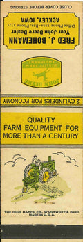 John Deere Matchbook Cover A w/ Mower Fred Bohemann Ackley IA