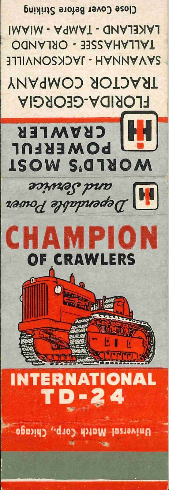 Matchbook Cover International Crawler TD 24 Florida Georgia Tractor Co