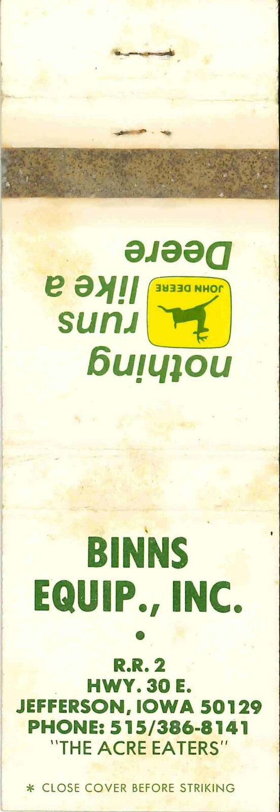 John Deere Matchbook Cover 2 Leg Binns Equip Co Jefferson Iowa