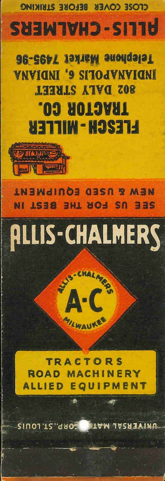 Matchbook Cover Allis Chalmers Crawler Tractor Flesch Miller Indianapolis IN