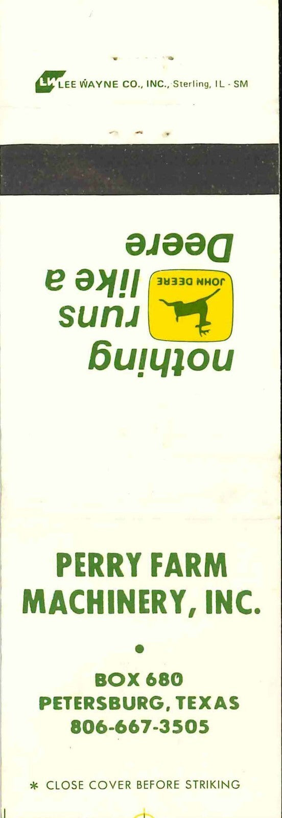 John Deere Matchbook Cover 2 Leg Perry Farm Machinery Peteresburg TX