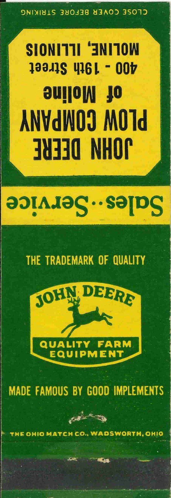 John Deere Matchbook Cover John Deere Plow Co Moline IL