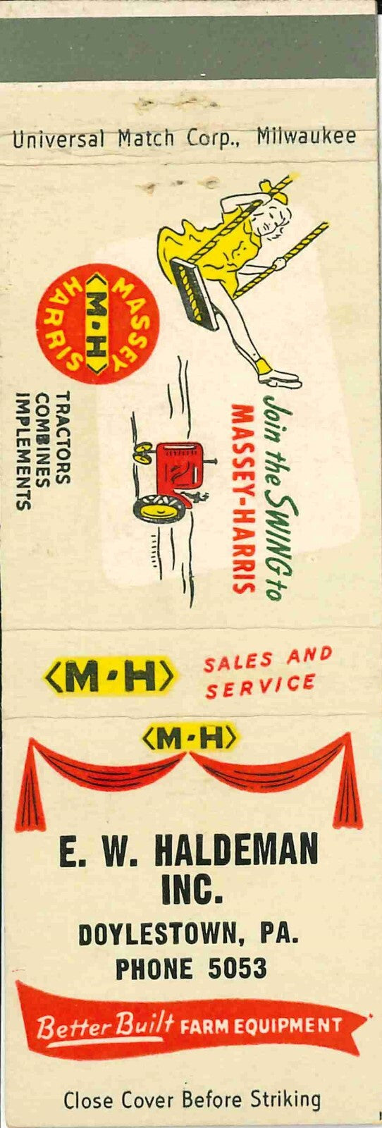 Matchbook Cover Massey Harris Tractors E W Haldeman Doylestown Pennsylvania