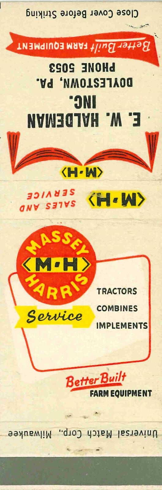 Matchbook Cover Massey Harris E W Haldeman Doylestown Pennsylvania