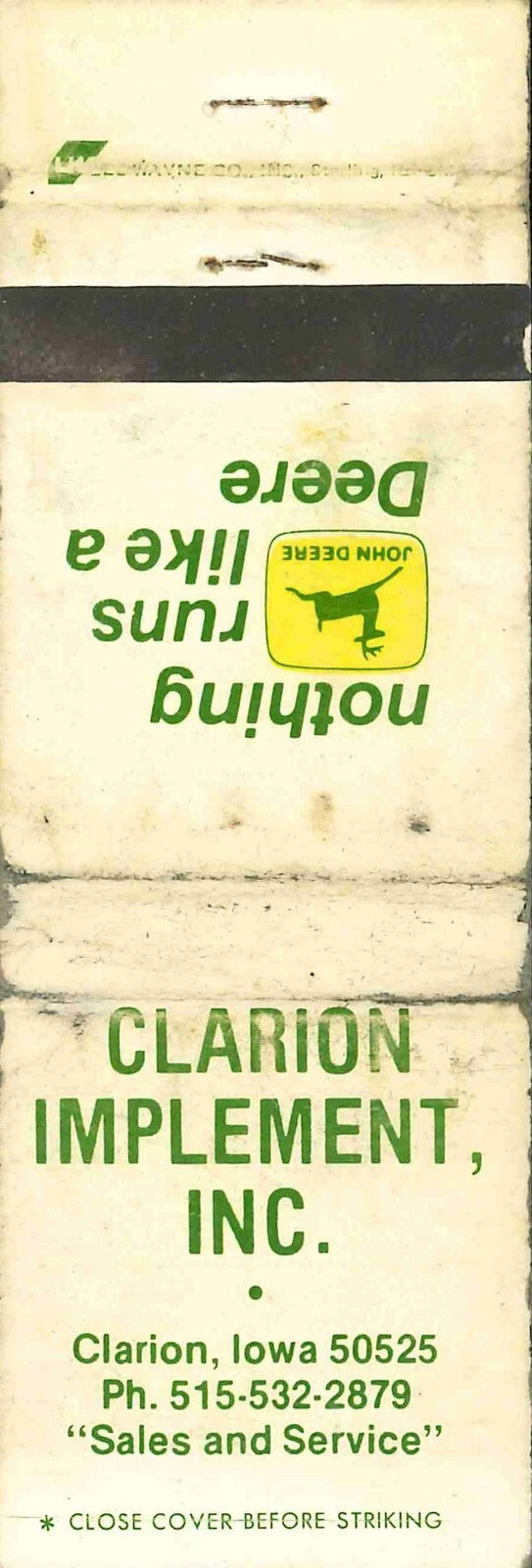 John Deere Matchbook Cover 2 Leg Clarion Implement Clarion IA