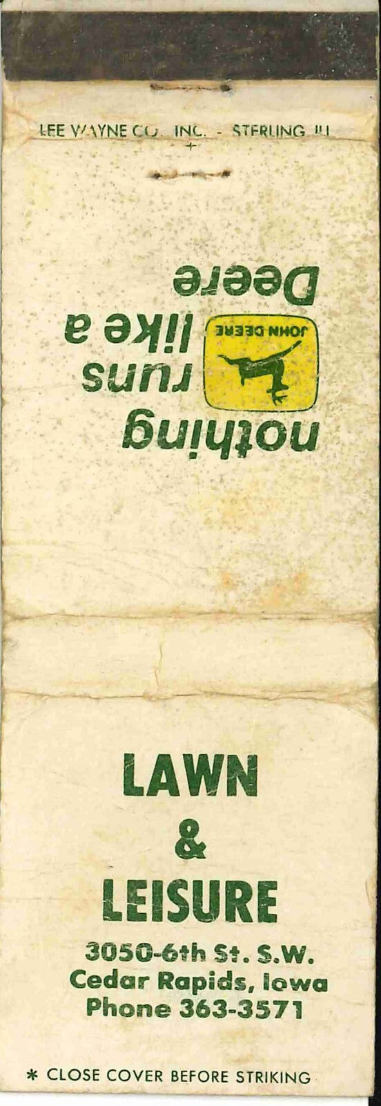 John Deere Matchbook Cover 2 Leg Lawn & Leisure Cedar Rapids IA