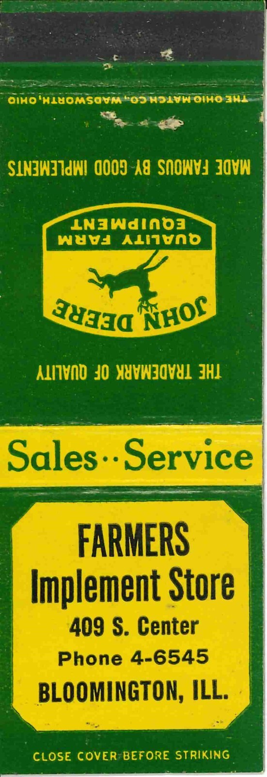 John Deere Matchbook Cover QFE Farmers Implement Store Bloomington Illinois
