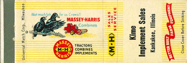 Matchbook Cover Massey Harris Combines Kime Implement Sales Kankakee Illinois