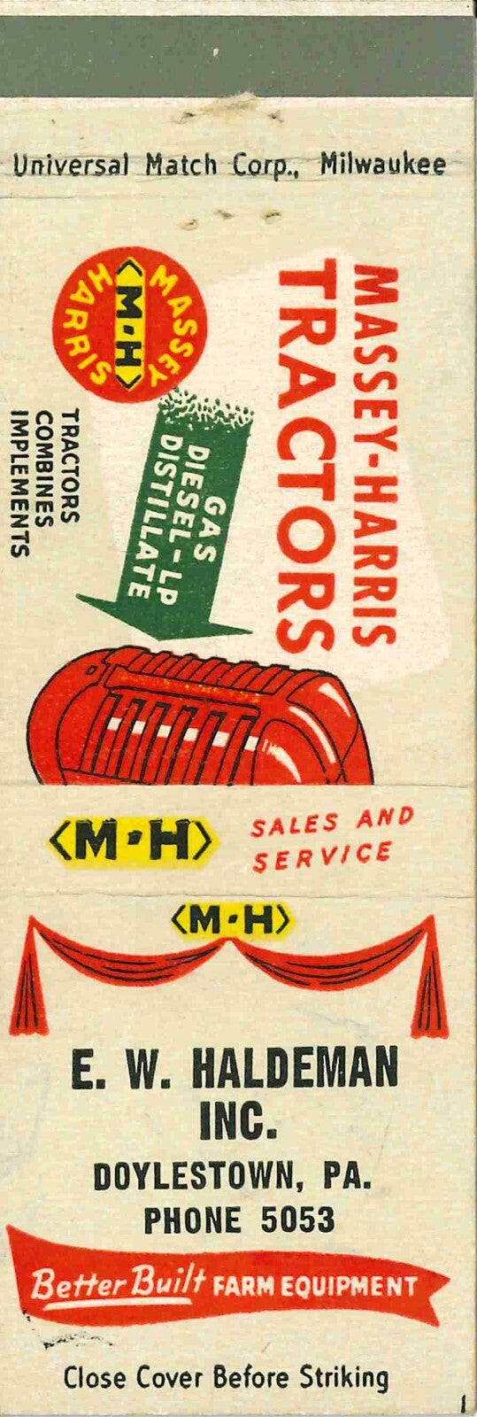 Matchbook Cover Massey Harris Tractors E W Haldeman Doylestown Pennsylvania