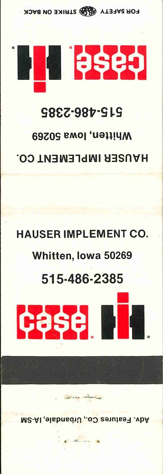 Matchbook Cover Case IH Hauser Imp Co Whitten Iowa