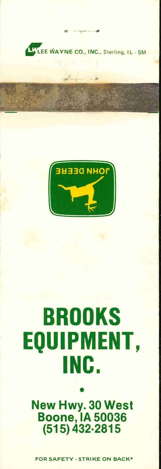 John Deere Matchbook Cover Brooks Equipment Boone IA