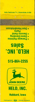 John Deere Matchbook Cover Held Inc Hubbard IA