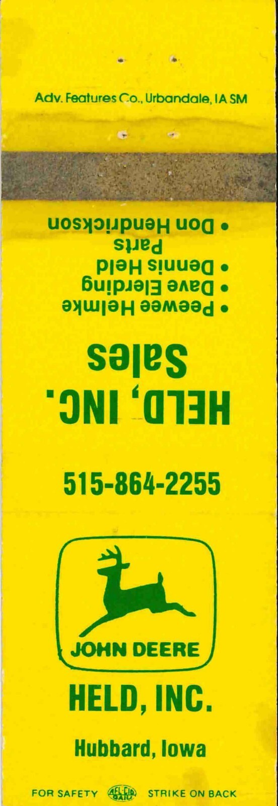 John Deere Matchbook Cover Held Inc Hubbard IA