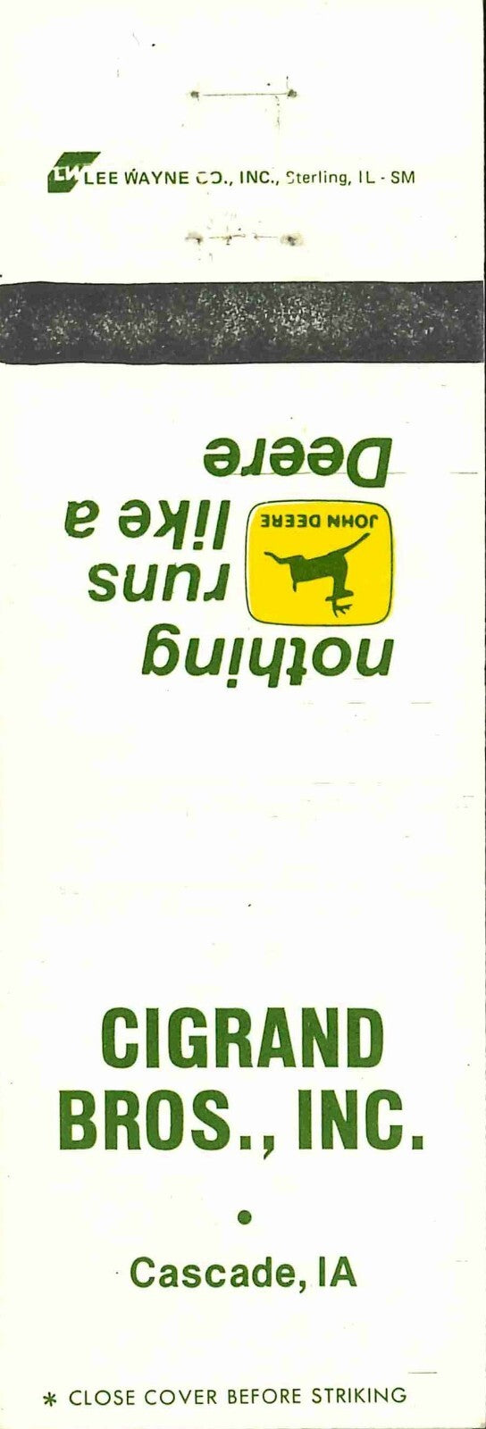 John Deere Matchbook Cover 2 Leg Cigrand Bros Cascade IA