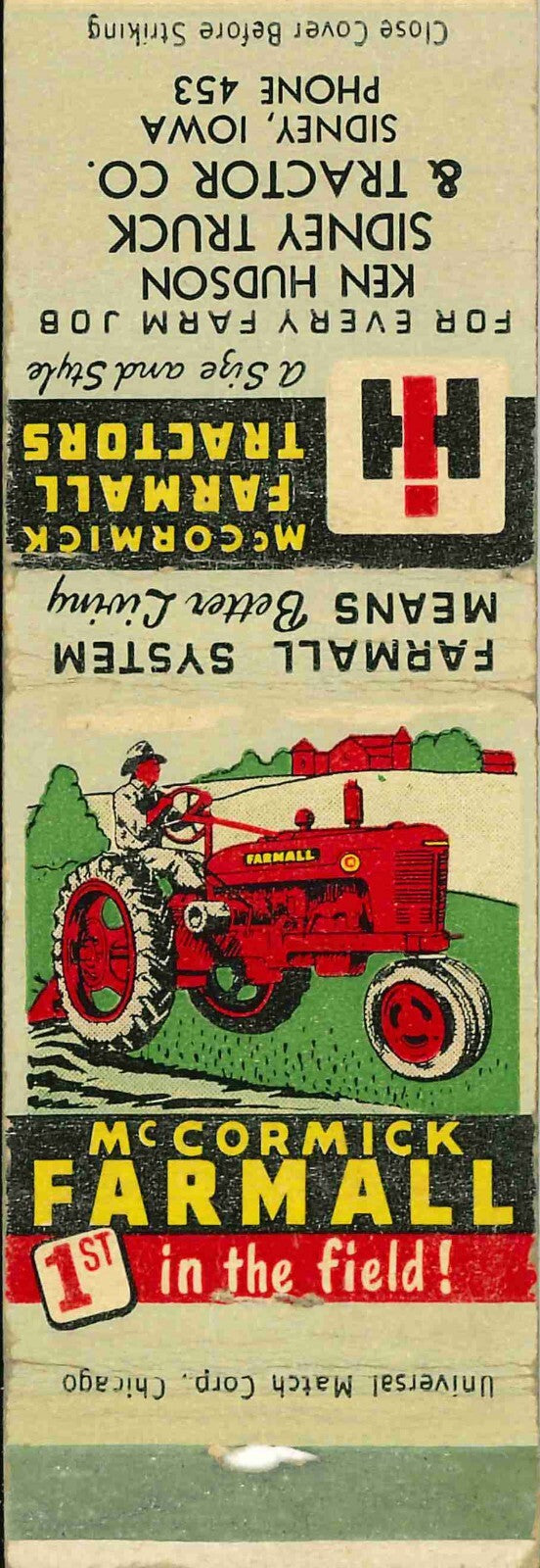 Matchbook Cover Farmall H Ken Hudson Sidney Iowa