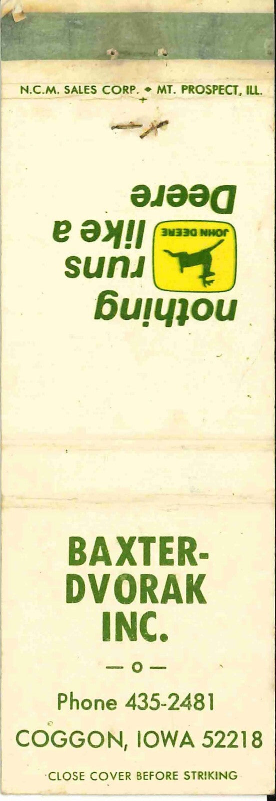 John Deere Matchbook Cover 2 Leg Baxter Dvorak Coggon IA