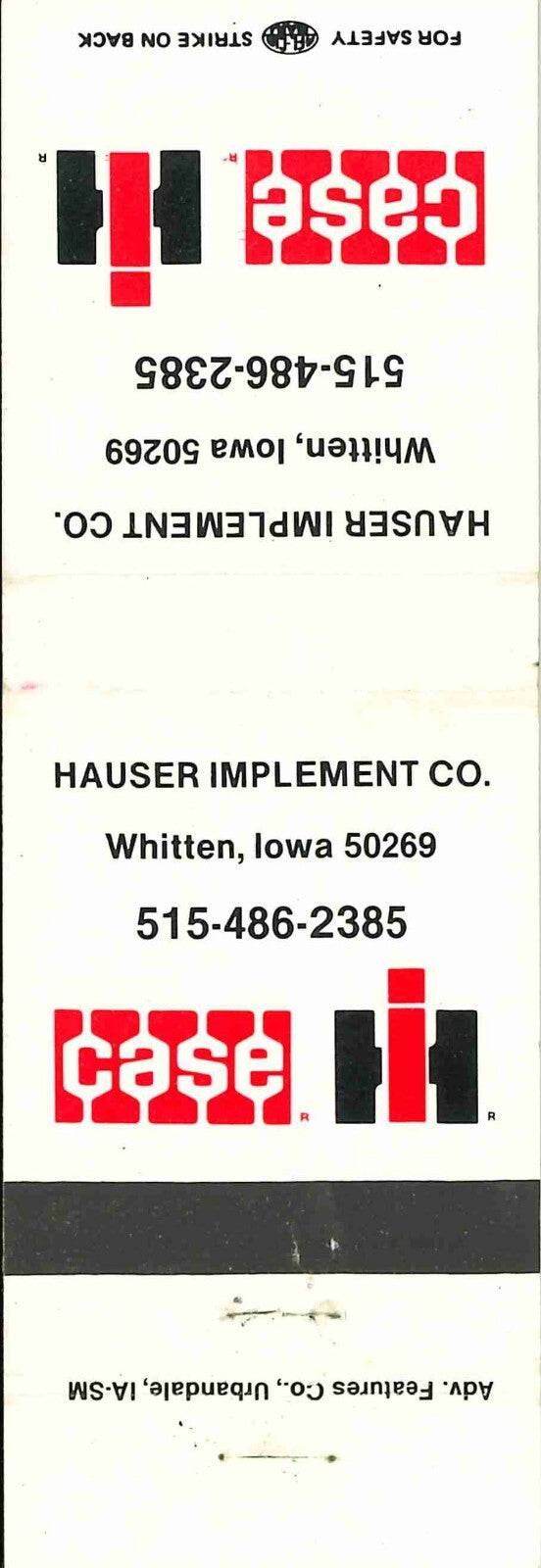 Matchbook Cover Case IH Hauser Imp Co Whitten Iowa