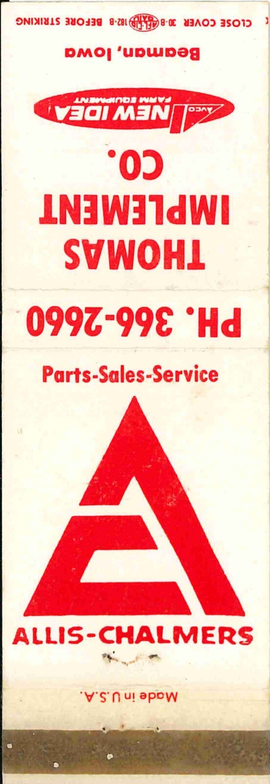 Matchbook Cover Allis Chalmers New Idea Thomas Imp Co Beaman Iowa
