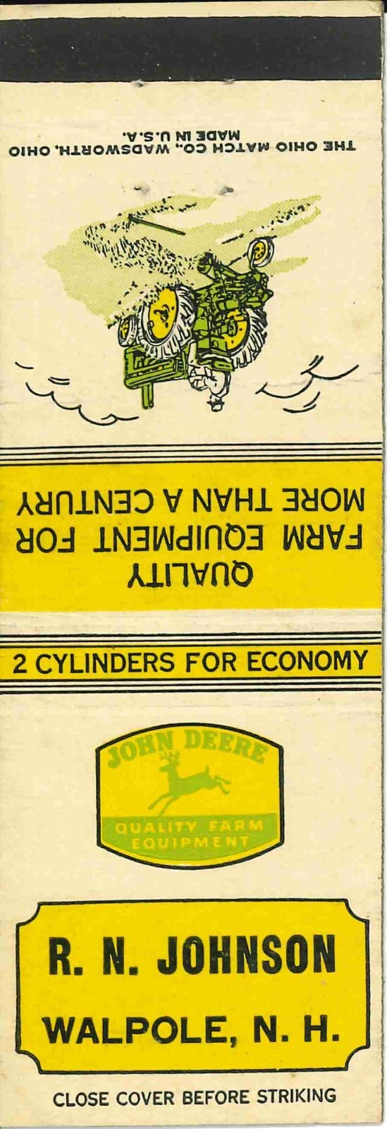 John Deere Matchbook Cover A w/ Mower R N Johnson Walpole New Hampshire