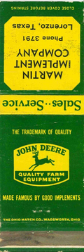 John Deere Matchbook Cover QFE Martin Implement Company Lorenzo Texas