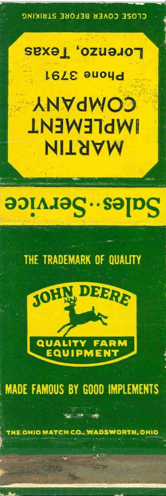 John Deere Matchbook Cover QFE Martin Implement Company Lorenzo Texas