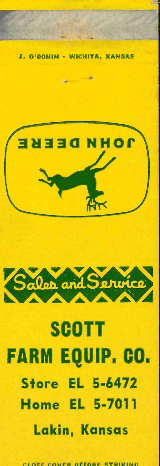 John Deere Matchbook Cover Scott Farm Equip Lakin KS